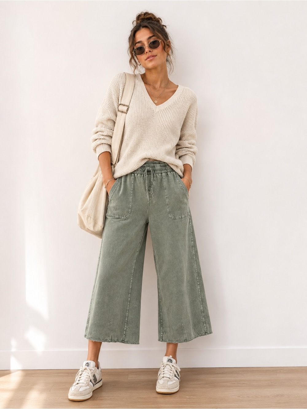 Easel Mineral Wash Wide Leg Pants Sage Green Raw Hem Boho Casual Size Small